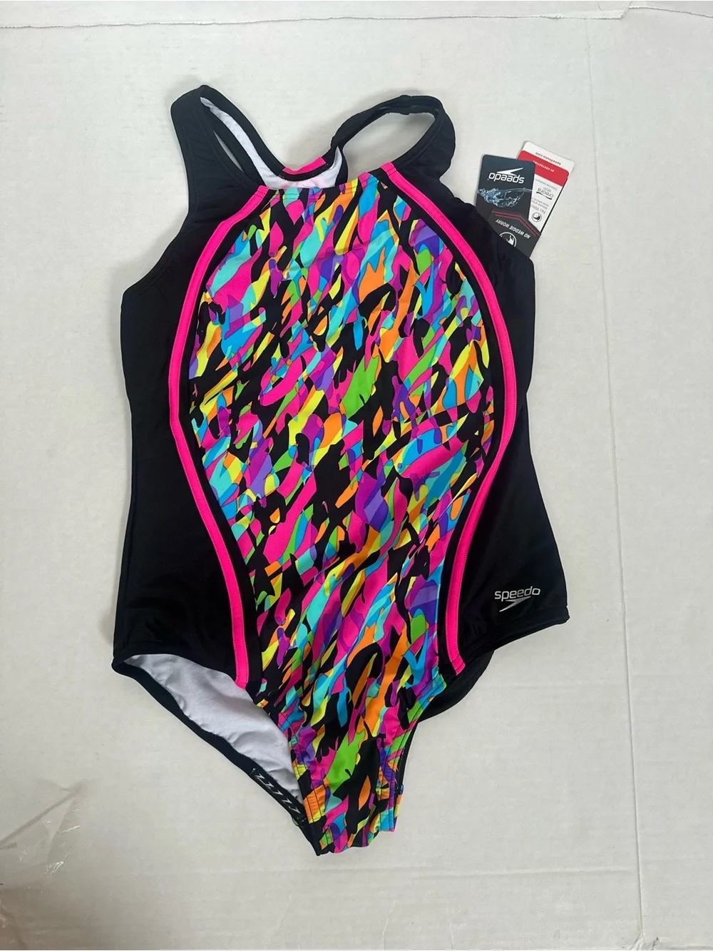 Speedo Black One-Piece with Bright Multi-Color Abstract Front